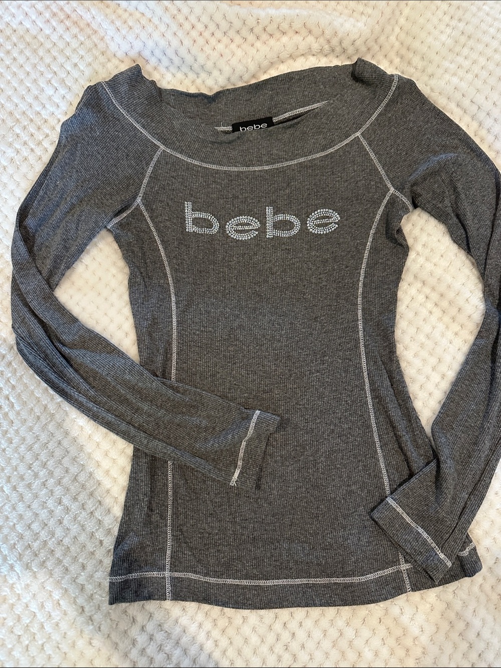 bebe Dark Gray Long Sleeve Rhinestone Logo Tee